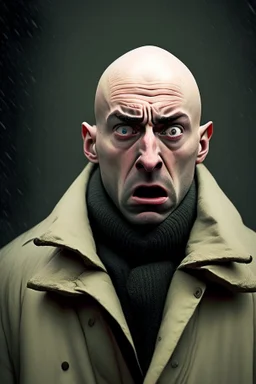 bald scared man in coat