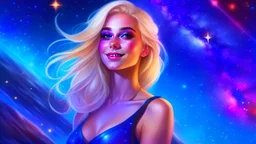 Full body portrait of a peaceful ((smiling)) gorgeous blonde Goddess of the galaxies with a blue indigo purple skin, high skul, luminous eyes in a galactic sunset