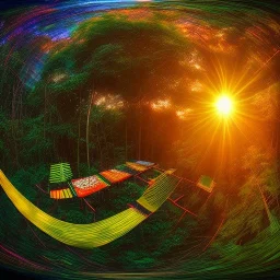 Sunset in a dense lush tropical jungle with lawn chairs, blue red and yellow. Warp. Fisheye. Bokeh. Psychedelic. distort. lens.