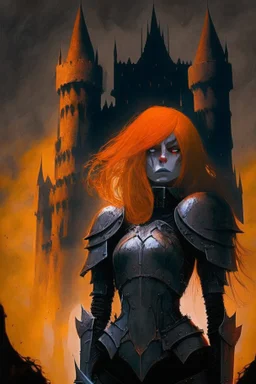 Dark Paladin, orange hair, orange eyes, standing in front of dark castle, Female, similar to berserk