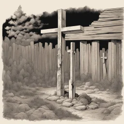 one dirt grave, wood cross, comic book, illustration,