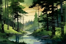 retro anime style, full color, dark serious 1980s anime style, A lake in the forest, watercolor, forest, a cortage