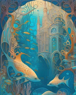 A surreal portrayal of an underwater city, inhabited by diverse aquatic creatures and fantastical architecture, in the style of art nouveau, flowing lines, intricate patterns, and a harmonious color palette, inspired by the works of Alphonse Mucha and Gustav Klimt, exploring the hidden wonders of the deep sea.