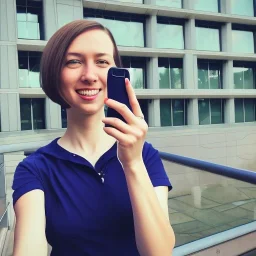 A short haired, female software engineer taking a selfie in front of Building 92 at Microsoft in Redmond, Washington