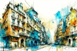 City sketch, watercolor, white background, vibrancy of watercolor wash, highly detailed, with sharp focus and smooth transitions. Carne Griffiths, Wadim Kashim, Carl Larsson, Pascal Blanche, golden ratio, masterpiece, trend on CGSociety and Artstation, bottomless, impressive, something that does not even exist, textures, iridescent scales and luminescent, impressive beauty, pure perfection, divine presence, unforgettable beauty, impressive, impressive, volumetric light, auras, rays, reflections