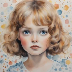 1970s,Vanessa paradis, little girl,in the style of Margaret Keane, watercolor dots in the background