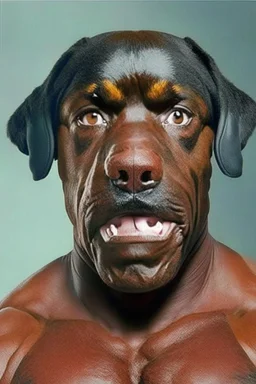 Bodybuilder Lee Haney with the face of a Rottweiler dog A dog's head instead of a person's head