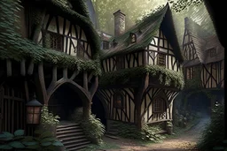 large medieval gothic, wooden inn, with a balcony, next to a cobbled road, in a wood, dense foliage, photo-realistic