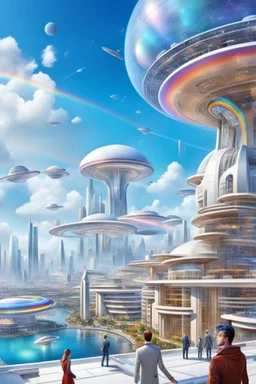 ville futuriste ultra moderne, ufos, rainbows,intergalactic city