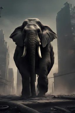 A gangster elephant with huge muscles walking down a post-apocalyptic city with no fear, , detailed and high quality, 4k