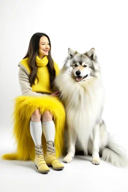 huge white dog in a feather dress, next to a girl in a yellow sweater, a gray skirt, white stockings and black shoes, both facing the front in the photo. white background, 16K, real photography, portrait.