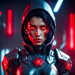 playful Latina futuristic assassin with bright red eyes, unreal engine style