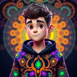A 3D cartoon young adult male, very big headed, short body, likely of light skin tone, is the central figure in a vibrant, digital art style image. He is wearing a dark-colored hoodie decorated with intricate, psychedelic patterns featuring bright neon colors like fluorescent orange, vibrant purple, and bright green. The patterns are complex, resembling swirling geometric designs, fractal patterns, and glowing circular motifs. The hoodie has a graphic design inspired by organic forms like tentac