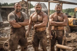 portrait shot photography of two ugly 36 year old beefy big robust burly italian carpenters embraced in the mud, dirty and wet, wearing bulging shorts, shirtless, hairy chest, serious, very virile, short beard, shaved hair,, , in a sunny construction work area, photorealistic , photorealistic