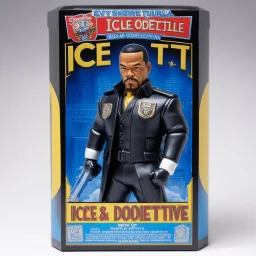 A photograph of a pristine action figure encased in its packaging, evoking a sense of collectible wonder, styled after a vintage toy advertisement. The box prominently displays "Ice-T" in bold, stylized lettering, with the action figure inside clearly resembling Ice-T as NYPD detective/sergeant Odafin Tutuola, possessing his iconic features confidently with a badge