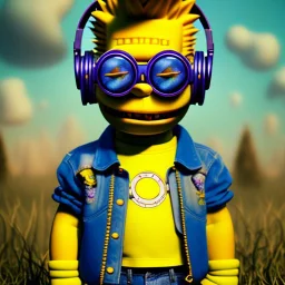 Bart Simpson toddler, steampunk headphone, sunglass, gangsta neckless, full body, yellow puffer jacket, tokio background, dramatic lighting, hyper realistic, unreal engine 5, 16k