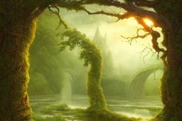 book cover!!!!!!!!!!!!, old bridge, ivy leaves graphic vectors at each border, fantasy forest landscape, fantasy magic, light night, intricate, elegant, sharp focus, illustration, highly detailed, digital painting, concept art, matte, art by wlop and artgerm and ivan shishkin and andrey shishkin, masterpiece