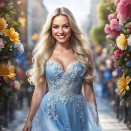 (best quality, 4k, 8k, highres, masterpiece:1.2), ultra-detailed, (realistic, photorealistic, photo-realistic:1.37),hyper realistic, full body gorgeous smiling 1woman,long hair,looking at viewer,realistic proportions,blue eyes,hair ornament,transparent top dress,very long hair,flower,blonde hair,parted lips,necklace,white dress,blonde hair,lips,blurry pastel background,freckles,realistic,head wreath, pink flower,realistic portrait, dreamy fantasy landscape countryside,great pespective,crystal