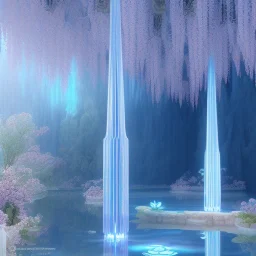 joli petit temple de cristal, lac turquoise, ciel rose et bleu, lumière, fleurs délicates, ambiance très réelle, 8k, Cinematic lighting. Photorealistic. Dynamic lighting. Imperial colors.