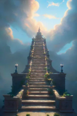 stairway to heaven made of light, sky full of clouds, art by greg rutkowski and peter mohrbacher, featured in artstation, octane render, cinematic, elegant, intricate, ultra detailed, rule of thirds, professional lighting, unreal