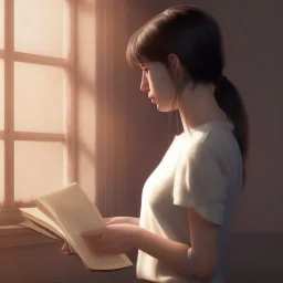 Study girl read a book in by the window, movie, real photo realistic, unreal engine, cinematic lighting --ar 1:1 creative