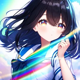 Clear Focus, High resolution, girl wearing a sailor uniform, rainbow eyes, medium hair length, black hair with a gradient of rainbow