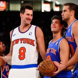 three Australian men kissing eachother in New york Knicks jerseys