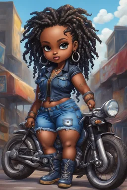 create an oil painting illustration of a chibi cartoon voluptuous black female wearing a blue jean outfit with biker boots. Prominent make up with hazel eyes. Extremely highly detail of a twisted dreadlocks. Background of a bike show.