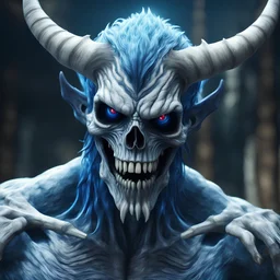 humanoid male monster creature in motion , white skull with white huge teeth and white horns, black eyes with blue pupils, black skin with blue neon lines all over the body, 4k realistic fantasy, crazy detailed, hyper detailed, photoreality, photography, cinematic lighting, hdr, hd, cinematography, anime stills, fine art digital, HD, 8k -v 4