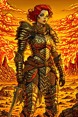 detailed illustration of ginger female divine paladin wearing full plate armor, heavily damaged armor, standing sad on a battlefield, battlefield on fire as background, dirt, misery and decadence, dark ambient, art by Mschiffer, tetradic colors,