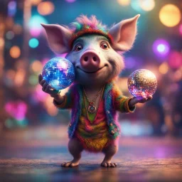 Gates as hairy groove funk kobold pig hippie holding disco ball ,bokeh like f/0.8, tilt-shift lens 8k, high detail, smooth render, down-light, unreal engine