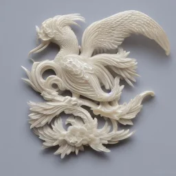 ivory brooch of a chinese phoenix, opalescent marble carving, decorative design, classical ornament, highly ornate, highly intricate, highly detailed etching, marble carving, warm lighting, linen backdrop