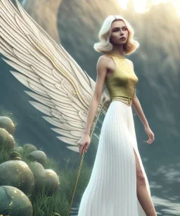 subtle queen, atmospheric, realistic, unreal engine, cinematic lighting, octane render, transparent long dress, blonde, full body, bright wings, smile, long hair