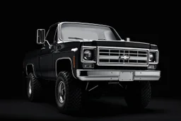 front corner 1973 Chevrolet square body truck(lifted) facing a little to viewer's left, dark gray background, high contrast black and white vector