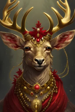 A mystical deer god with gold and small ruby jewelry. There should be a crown taller than the antlers.