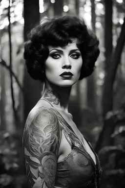 [Endor, tattooed Clara Bow warrior] Afrey stands watch from the heights, eyes piercing the veil below. Snatches of dim light whisper between ancient boughs - the old city nestled here since time out of memory, uncounted generations finding refuge within the forest's embrace. Even now, exhausted by the long day's toils, its folk seek the solace of dream. Candles' gentle glow outlines windows and doorways hollowed long ago from living wood. Smoke drifts lazily from the chimney tree at the village