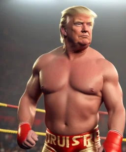 Realistic image of Donald trump wrestler, Mexican wrestling, red and blue breeches, suspenders, retro style, 80s, red, gold, vibrant color, highly detailed, concept art, unreal engine 5, god rays, ray tracing, RTX, lumen lighting, ultra detail, volumetric lighting, 3d, finely drawn, high definition, high resolution.