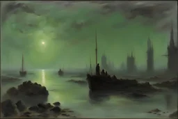 Grey green sky, lagoon, distant buildings, mist, rocks, sci-fi, cosmic future influence, trascendent, intergalactic influence, friedrich eckenfelder and alfred stevens impressionism paintings