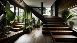 From a low angle perspective, the interior of a modern house is revealed. The rich brown floor is adorned with a variety of potted plants, adding a touch of life to the otherwise monochromatic surroundings. Next to the potted plants, a wooden platform extends, adding a touch of warmth to the scene. The cover, a mix of dark and light brown wooden planks, is punctuated by some square lights, adding a touch of elegance to the minimalist design. To the right of the deck, a black door is seen leading