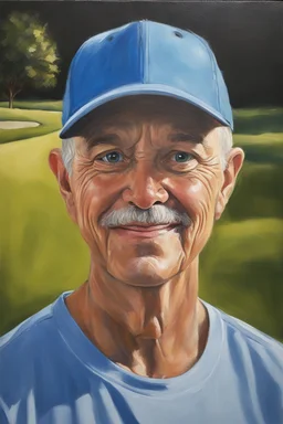 Baseball Cap, short mustache, Oil paint on canvas, chiaroscuro, deep shadows, masterpiece, happy, 2020 Golfing picture, head to waist, thin, gaunt, frail, 30-year-old Harold Kendall, short, buzz-cut, thinning gray hair, short mustache, blue eyes, afflicted with Parkinson's Disease, wearing a Sky blue polo shirt, with large collar khaki pants and a baseball cap, egg-shaped face, facing a quarter turn to the left, a mixture of Harry Kendall, Lee Majors, Elvis Presley, Tommy Kirk, George Reeves