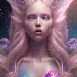 one big crystal glitter pink blue subtle galactic fairy in a galactic ambiance,glitter long blond hair down to the ground,transparent petals,blue eyes,delicate colors in the foreground, full of details, smooth，soft pink violet light atmosphere, light effect，vaporwave colorful, concept art, smooth, extremely sharp detail, finely tuned detail, ultra high definition, 8 k, unreal engine 5, ultra sharp focus