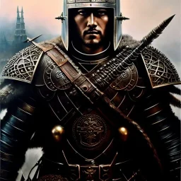 portrait 'Grunbeld-Berserk',ancient metal armor and helmet ,painting by gaston bussiere, greg rutkowski, yoji shinkawa, yoshitaka amano, tsutomu nihei, donato giancola, tim hildebrandt, oil on canvas, cinematic composition, extreme detail,fit full head inside picture,16k