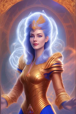 Portrait young woman cosmic admiral from the future, one fine whole face ,large cosmic forehead,crystalline skin, expressive blue eyes, blue hair, smiling lips, very nice smile, costume pleiadien doré