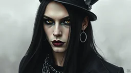medium close from drawing a striking gothic emo male model with long black hair and intense dark yellow eyes, wearing dramatic black eyeliner and lipstick. He has pale, smooth skin with strong, sharp facial features. The model is adorned with gothic accessories silver chains , circle earring and black steampunk hat. The overall mood is dark, mysterious, and elegant, with a high-fashion gothic aesthetic. The background is softly lit with fog in gray tones, focusing all attention on the face