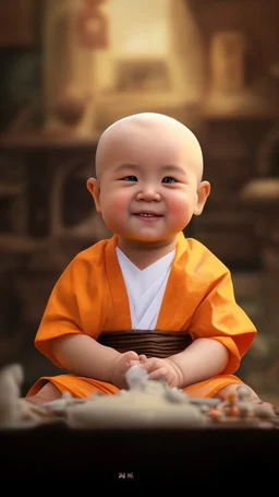 A 3-year-old monk boy with round cheeks, sitting, looking at the camera, light gray monk costume with white neckline, cute and cute, masterpiece, high quality, highly detailed.