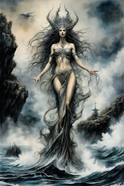 dramatic watercolor and ink composition, modern reimagining of the elegant yet sinister Siren water goddesses of Greek lore on craggy rocks in middle of rough ocean singing ships to destruction, color pop, dramatic, complex contrast, dynamic composition; masterpiece, repoussoir, sinister, by Luis Royo and H.R. Giger