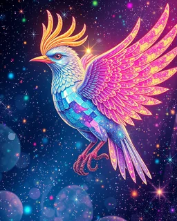 Lowbrow pop surrealism hallucinogenic holographic sparkle glitter reflections bird of majestic beauty and glory