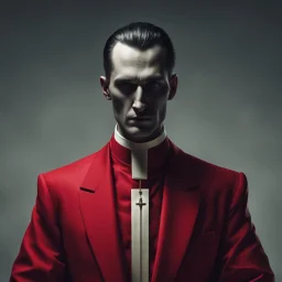 a sinister figure wearing a red suit and a priest's collar with no face and dirty slicked back hair