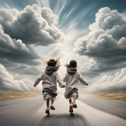 Hyper Realistic Top Back View Of Lots Of Children (Male Female Both Children Wearing Keffiyeh Fabric Whirling) Happily Running On Cloudy Road Towards Heaven On Sky With White Clouds Around ThemAt Cloudy-Day Environment Showing Dramatic & Cinematic Ambiance.