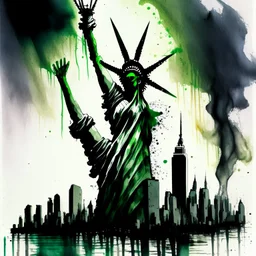 medium stroke Watercolor and pen illustration, Epic, double exposure dramatic long shot of anthropomorphic Lovecraftian Yog-Sothoth Statue of Liberty against dystopian New York skyline, Eldritch, faint apparitional image of waving black and green striped American Flag in the horizon, sinister eldritch patriotism, dynamic composition, complex contrast, CGSociety,